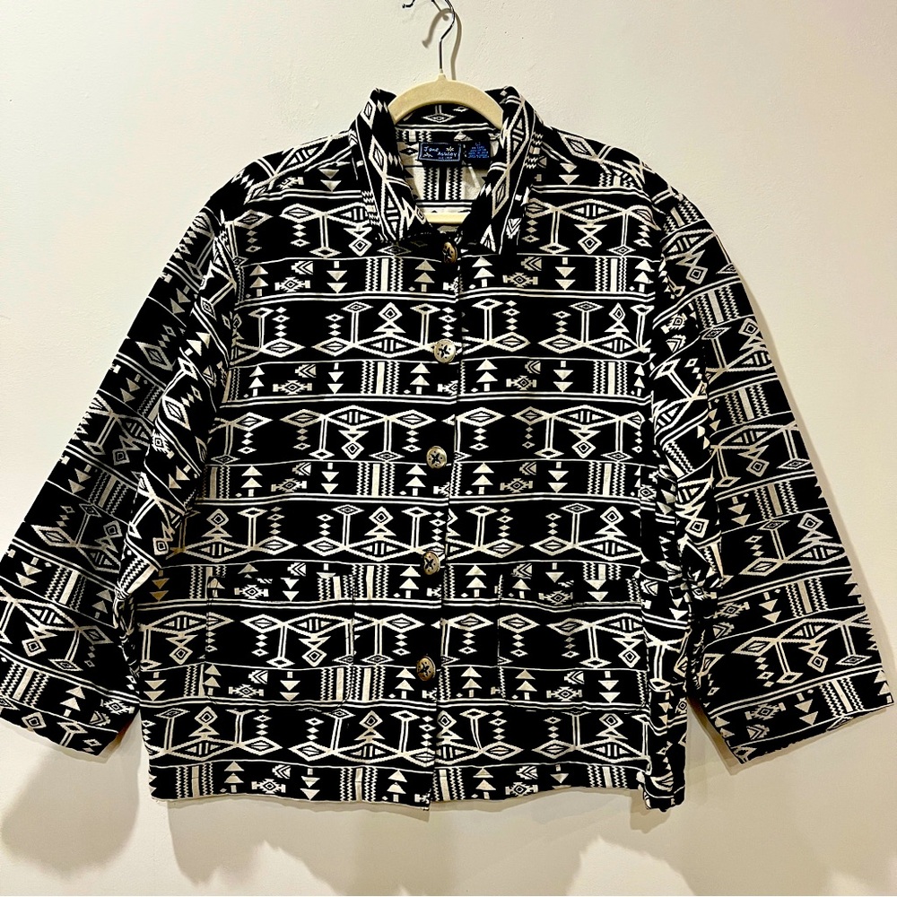 Vtg Aztec Cotton Oversized Cropped Jacket Black Ivory Large Boho Western Cowgirl